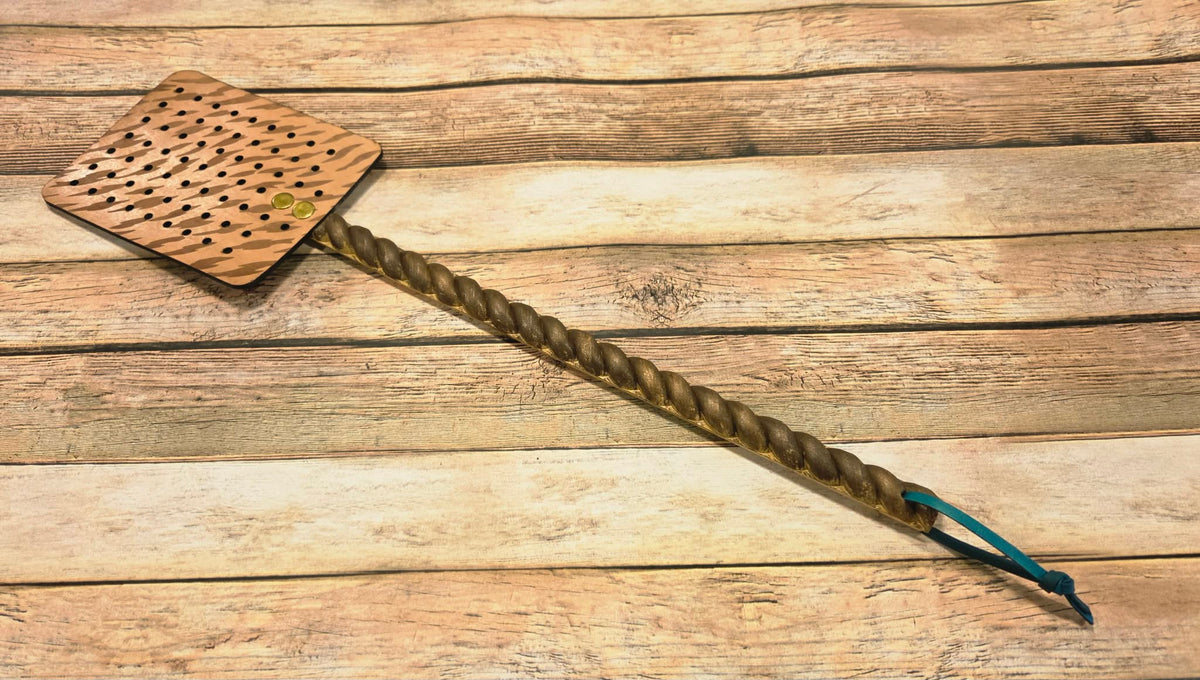 Handcrafted Leather Flyswatter with Zebra Burned Design and Wooden Handle