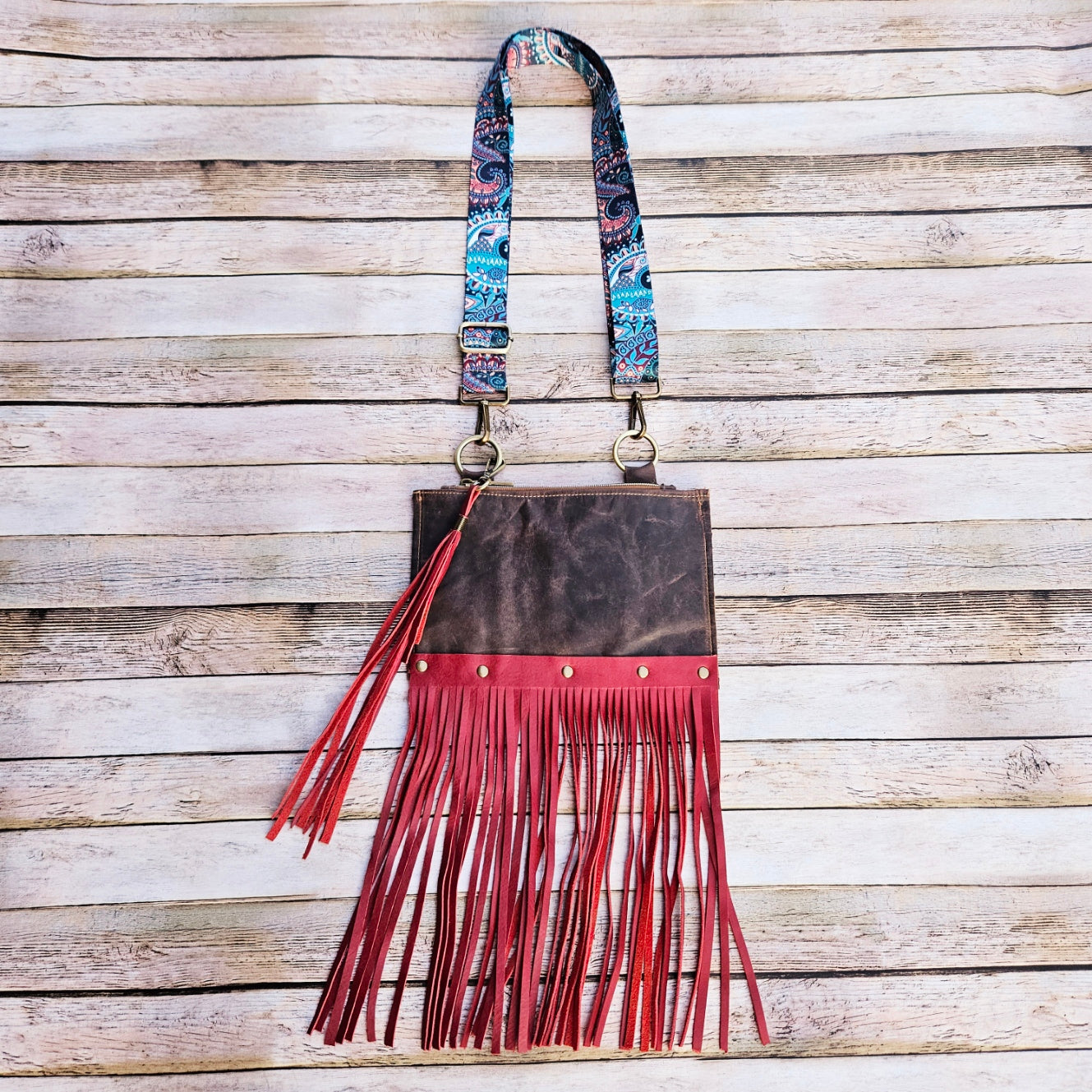 red fringe leather bag, fringe leather crossbody, crossbody bag, red fringe bag, leather fringe purse, brown leather bag