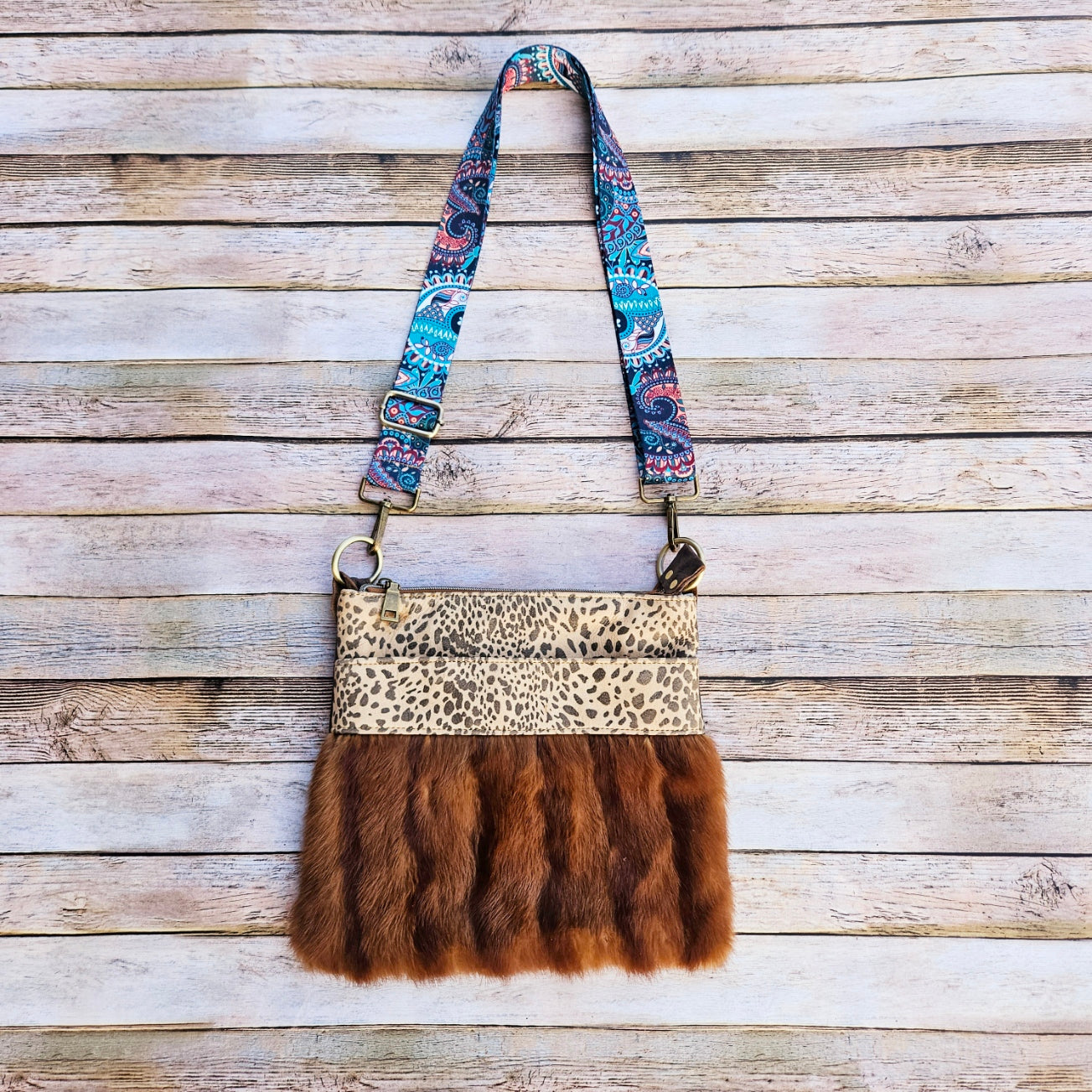 upcycled mink leather bag, mink leopard leather crossbody, mink leopard leather bag, leopard leather, crossbody bag